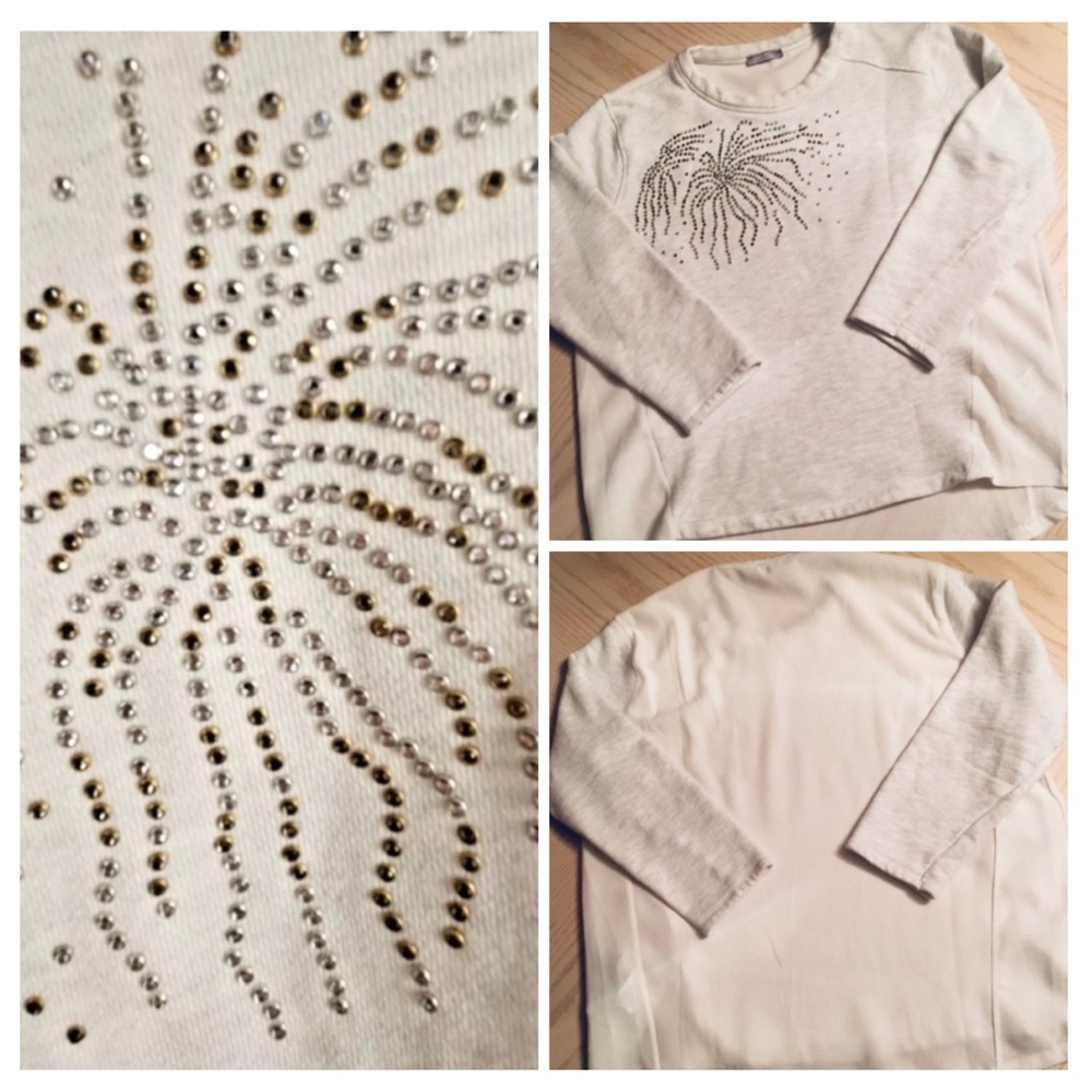 ZARA Silver & Gold Studded Sweatshirt | High-Low | L | Sheer Back | NWT